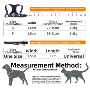 Size guide for dog and cat harness with chest measurements and leash length details