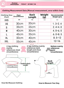 Size guide for plaid dog dress with chest and back length measurements for XS-XXL pets