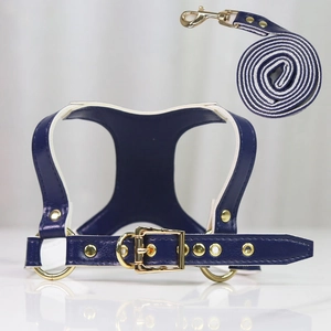 Deep blue leather dog harness and leash set with white lining and gold hardware details