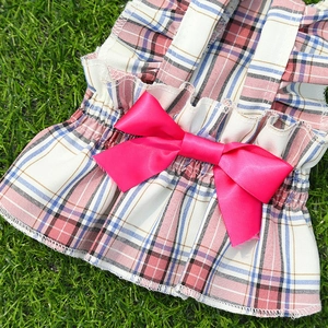 Vue détaillée d'une robe pour animal à carreaux rose et bleu avec un nœud en satin