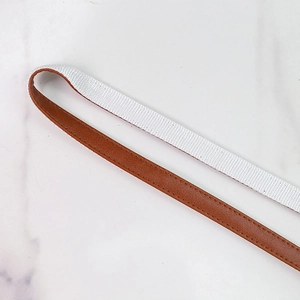 Close-up of pet leash strap featuring white fabric and brown leather with fine stitching