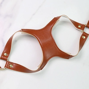 Detail of dark brown leather pet harness with gold studs and rings on marble