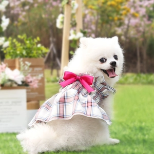 Robe à carreaux rose pour chien avec nœud en satin et ourlet volanté pour petits animaux