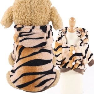 Tiger pattern plush pet hoodie for small dogs and cats with hood and front button closure