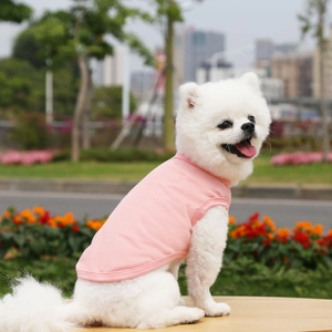 Pink dog vest in smooth cotton fabric shown from a side view in a sunny outdoor park setting