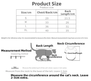 Size chart for pet recovery suit showing S to XL chest and back measurements