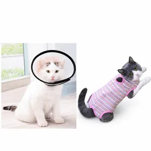 Cat recovery suit showing comparison between traditional collar and comfortable striped vest