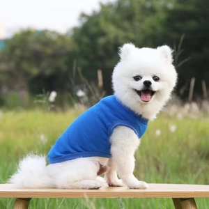 Blue breathable cotton dog vest worn by a white Pomeranian outdoors on a wooden bench