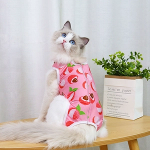 Pink pet recovery suit with lychee print and back zipper for cats and small dogs