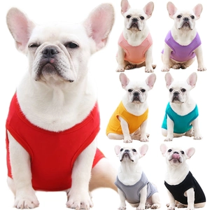 Close-up detail of sleeveless cotton pet vests available in seven vibrant colors for dogs