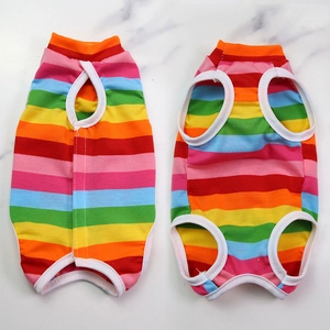 Detailed view of rainbow striped pet recovery suit with soft elastic cotton fabric