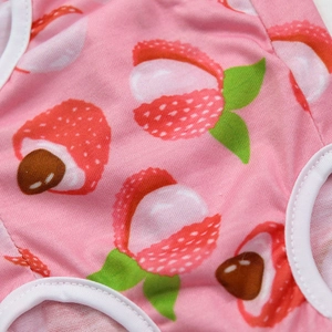 Macro shot of pink knit pet recovery suit with lychee print and white binding detail