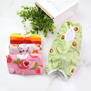 Detail of breathable cotton pet recovery suits with various fruit and stripe patterns