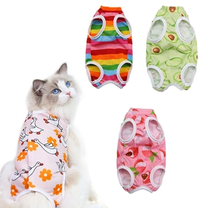 Detail showing various patterned pet recovery suits with soft elastic cotton fabric