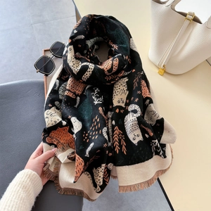 Double-sided cat pattern cashmere shawl with fringe trim for winter warmth