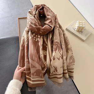 Sciarpa pashmina invernale spessa con motivo floreale astratto marrone e frange