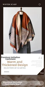 Detailed texture of thick cashmere-like scarf with vintage paisley pattern and color block