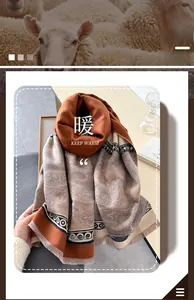 Macro detail of thick cashmere-feel scarf featuring vintage prints and fringe accents