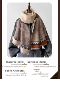 Detail chart showing warm cashmere-like scarf thickness, softness and paisley pattern