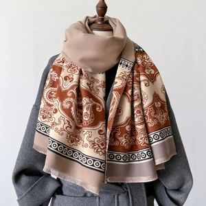 Thick two-sided paisley cashmere shawl with fringe, elegant warm blanket for women