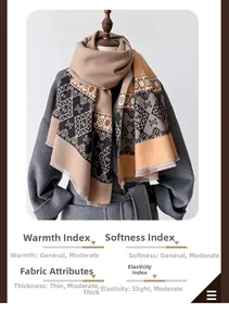 Detail of warm thickened scarf with khaki and brown geometric patterns and tassel edges