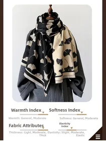 Close-up of black and white ginkgo leaf jacquard pattern on thick faux cashmere scarf
