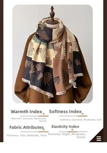 Detail of warm winter scarf with vintage leaf print and fine tassel edges for women