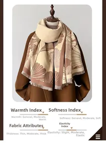 Close-up of thick ginkgo leaf pattern pashmina scarf with details on soft fabric texture