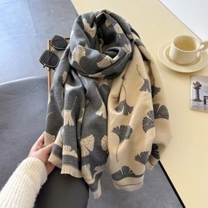 Thick cashmere-feel shawl with ginkgo leaf pattern and tassels for autumn winter warmth