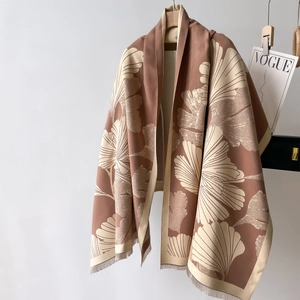 Thick mocha brown and beige cashmere-like pashmina scarf with ginkgo leaf jacquard and tassels