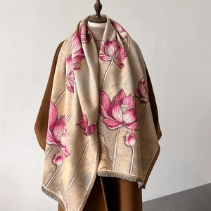 Écharpe À Imprimé Lotus Élégante Aspect Cachemire Châle D'hiver Chaud Avec Franges Double Face Vintage Femme