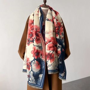 Damen Vintage Schal Mit Blumenmuster Aus Kaschmir-Imitat Verdickt Warm Winter Elegant Lange Quastenstola