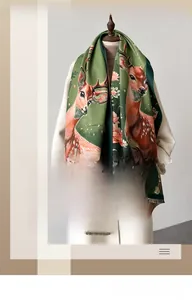 Close-up of winter scarf with deer print and pink flowers on dark green fabric