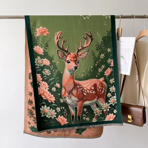 Double-sided warm scarf featuring a forest deer and floral jacquard with fringe