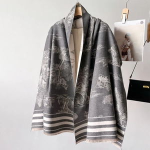 Forest style thick wool shawl with double-sided pastoral pattern and striped fringe