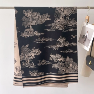 Classic black and beige Toile de Jouy scenic print long scarf with fringe edges
