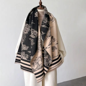 Shawl Scarf Faux Cashmere Reversible Toile De Jouy Landscape Print Tassel Fringe Winter Warm Retro Elegant For Women