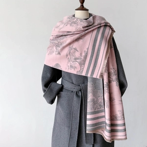 Winter double-sided landscape print scarf with fringe in soft pink and grey tones