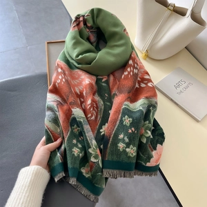 Thick cartoon forest deer winter scarf with retro floral pattern and tassels