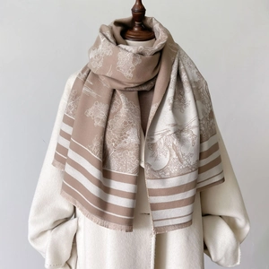Classic Toile de Jouy cashmere-like thick shawl with landscape prints and fringes