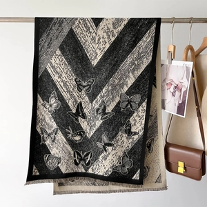 French retro oversized scarf with butterfly pattern and tassel hem in black and beige