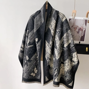 Butterfly Print Imitation Cashmere Scarf Double Sided Shawl Wrap With Tassel Elegant Warm Winter Accessories For Women