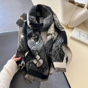 Elegant black and white butterfly print oversized scarf with fringe and soft texture