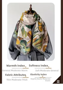 Detail of butterfly pattern cashmere shawl with soft texture and grey coat matching
