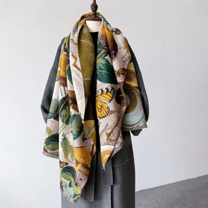 Butterfly Print Scarf Shawl Imitation Cashmere Warm Winter Tassel Floral Vintage For Women