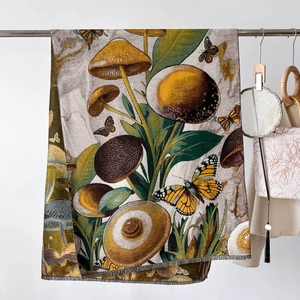 Thick cashmere-feel shawl with vintage butterfly and mushroom botanical tapestry pattern
