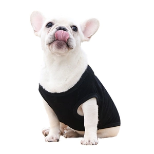 French Bulldog wearing a breathable black cotton pet vest, sleeveless summer dog shirt