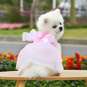 Dettaglio di un abito da principessa rosa per animali con strati di tulle e fiocco di gemma