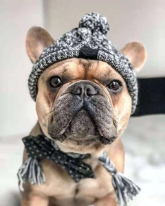 Dettaglio del cappello per animali in maglia con pompon e farfallino a pois coordinato