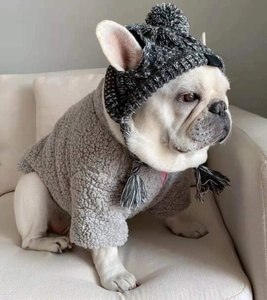 Bulldog francese con felpa in pile grigio e cappello lavorato a maglia con pompon